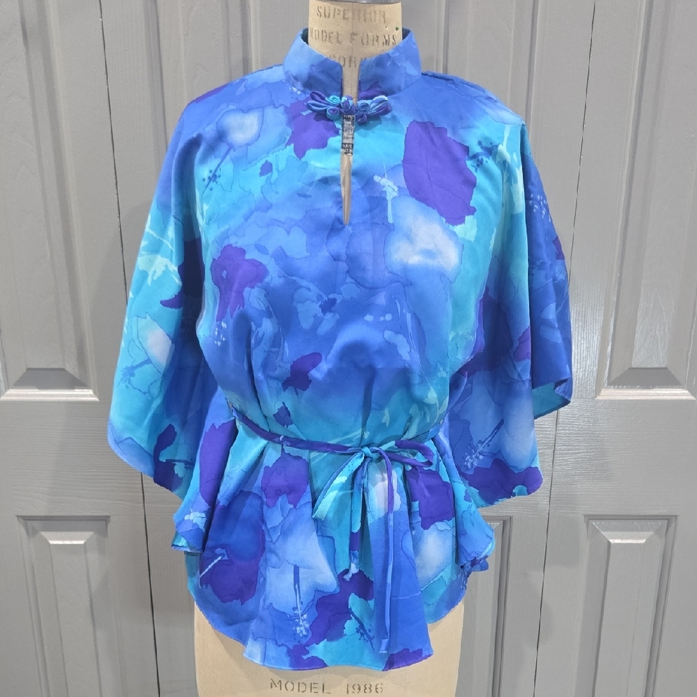 VINTAGE Elegant Blue Floral Women's Mandarin Collar Belted Tunic Size L